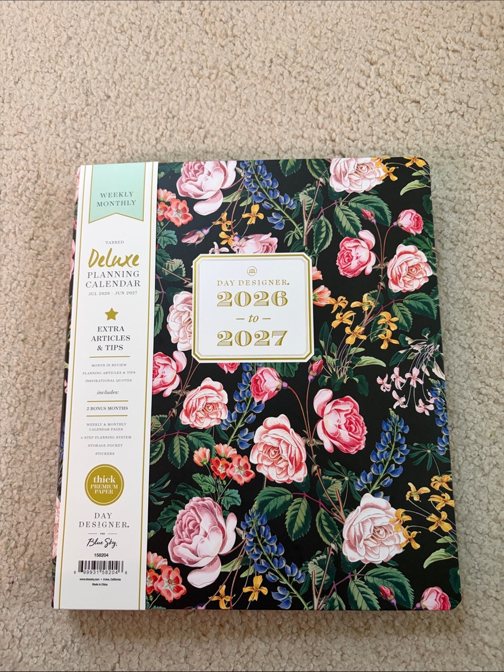 Day Designer 2026-2027 Deluxe Floral Planning Calendar - Black with Pink Roses